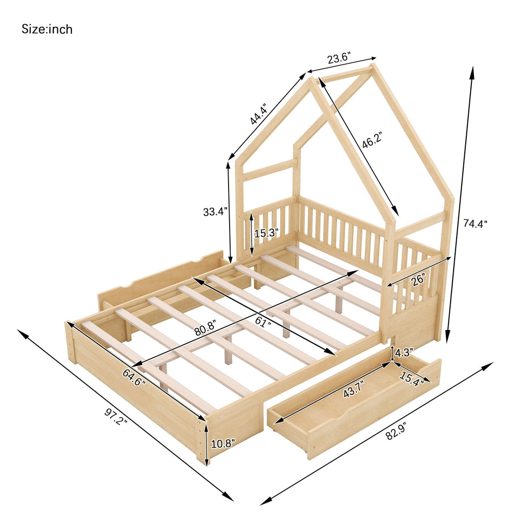 House Style Platform Bed With Guardrail And 2 Drawers by Unique Piece Furniture