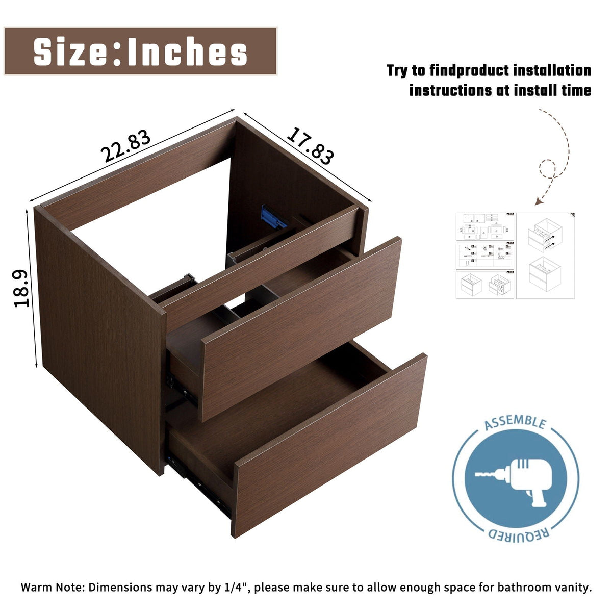 Wall-Mounted Bathroom Vanity, Soft-Close Drawer, Premium Slides - Black Brown by Unique Piece Furniture