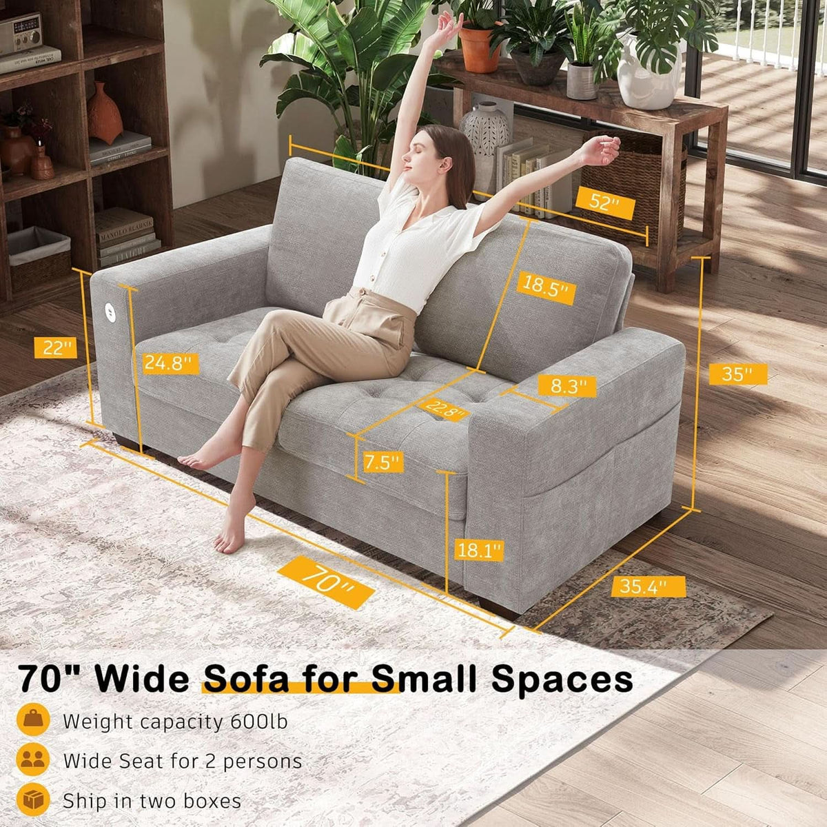 70 Inch Gray Chenille Loveseat With USB C Ports And Plush Cushions by ShipItFurniture