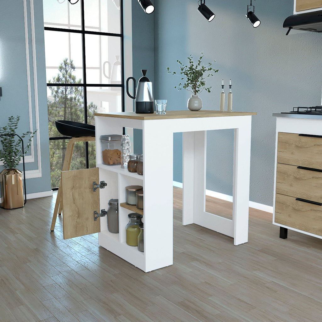 Kitchen Island Three Open Side Storage Shelves And One Push-To-Open Cabinet - White / Macadamia by Unique Piece Furniture