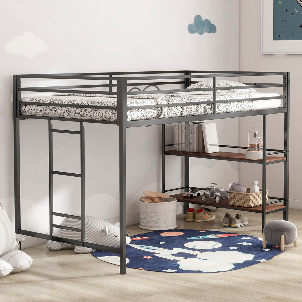 Adam - Twin Loft Bunk Bed With Cinnamon Wood Shelf - Black by Unique Piece Furniture