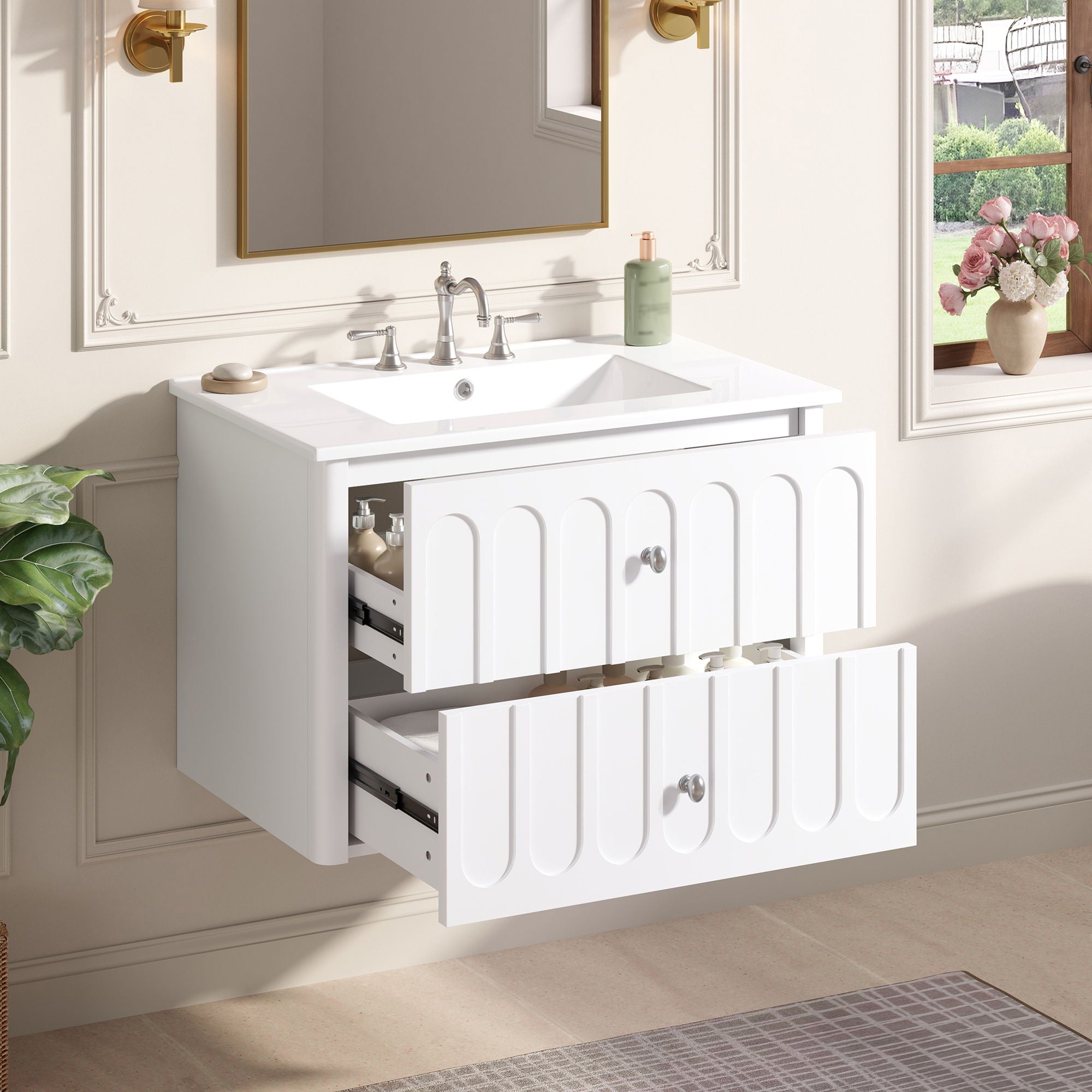 Floating Bathroom Vanity With Oval Knobs & Round Edge, Soft Close Drawer Slides by Unique Piece Furniture