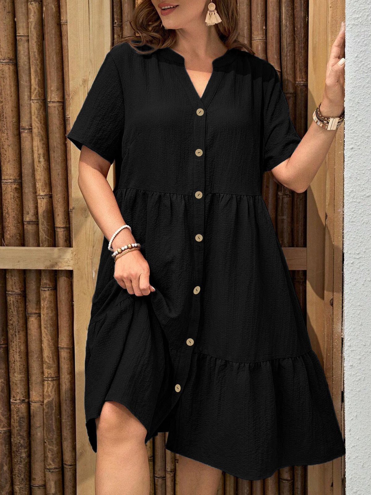 Plus-Size Button-Front V‑Neck Midi Dress by FitiqueFit