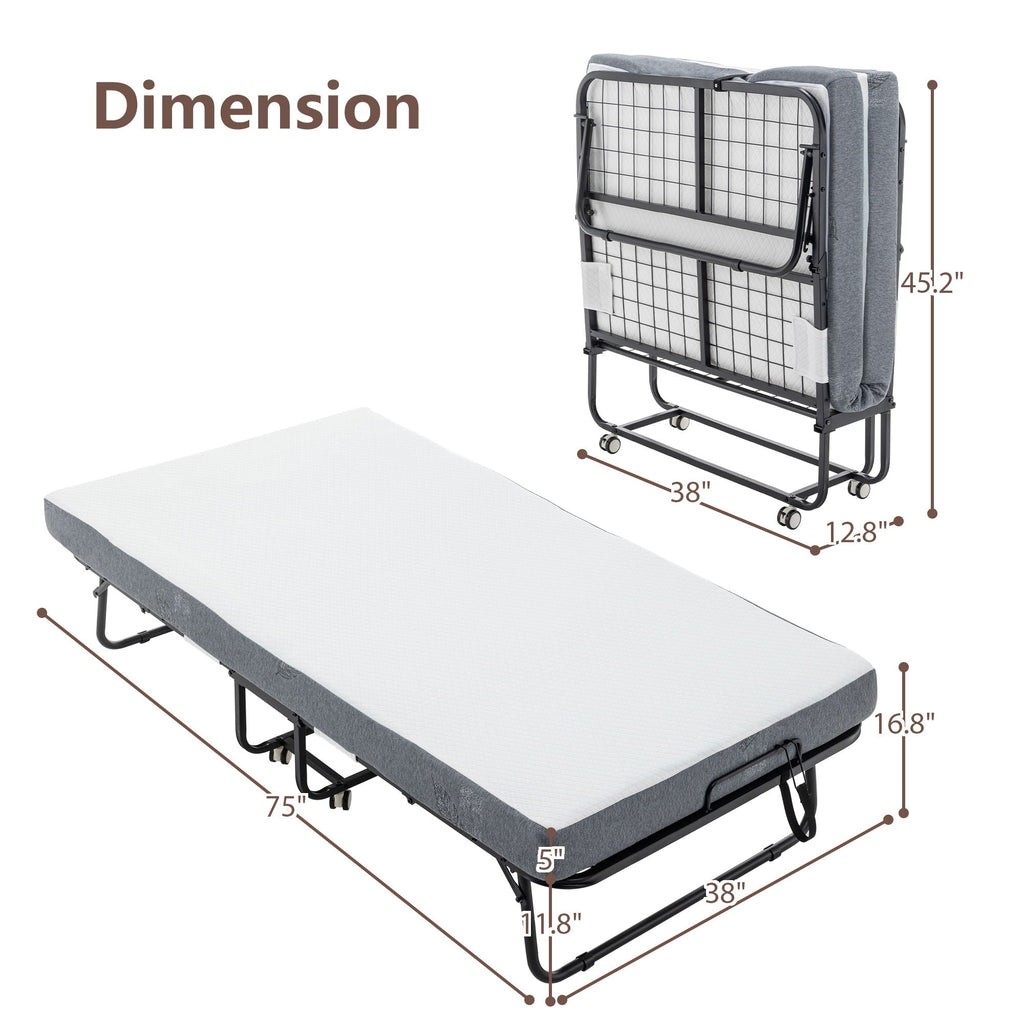 Foldable Metal Frame Bed For Guest With Memory Foam Mattress On Wheels, Saving Space Rollaway Bed by Unique Piece Furniture