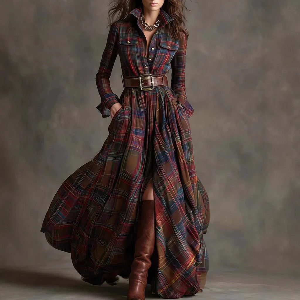 European American Women's Long Sleeve Plaid Maxi Dress for Women with Button Pocket - Autumn Casual Retro Vestidos by AliExpress