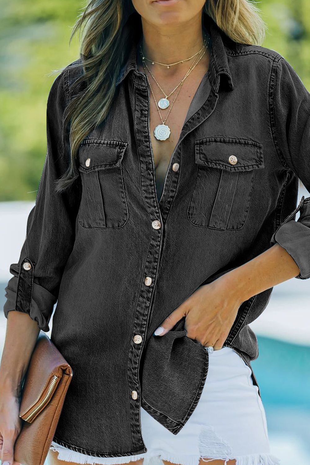 Pocketed Collared Neck Long Sleeve Denim Top by Wild and Free Boutique