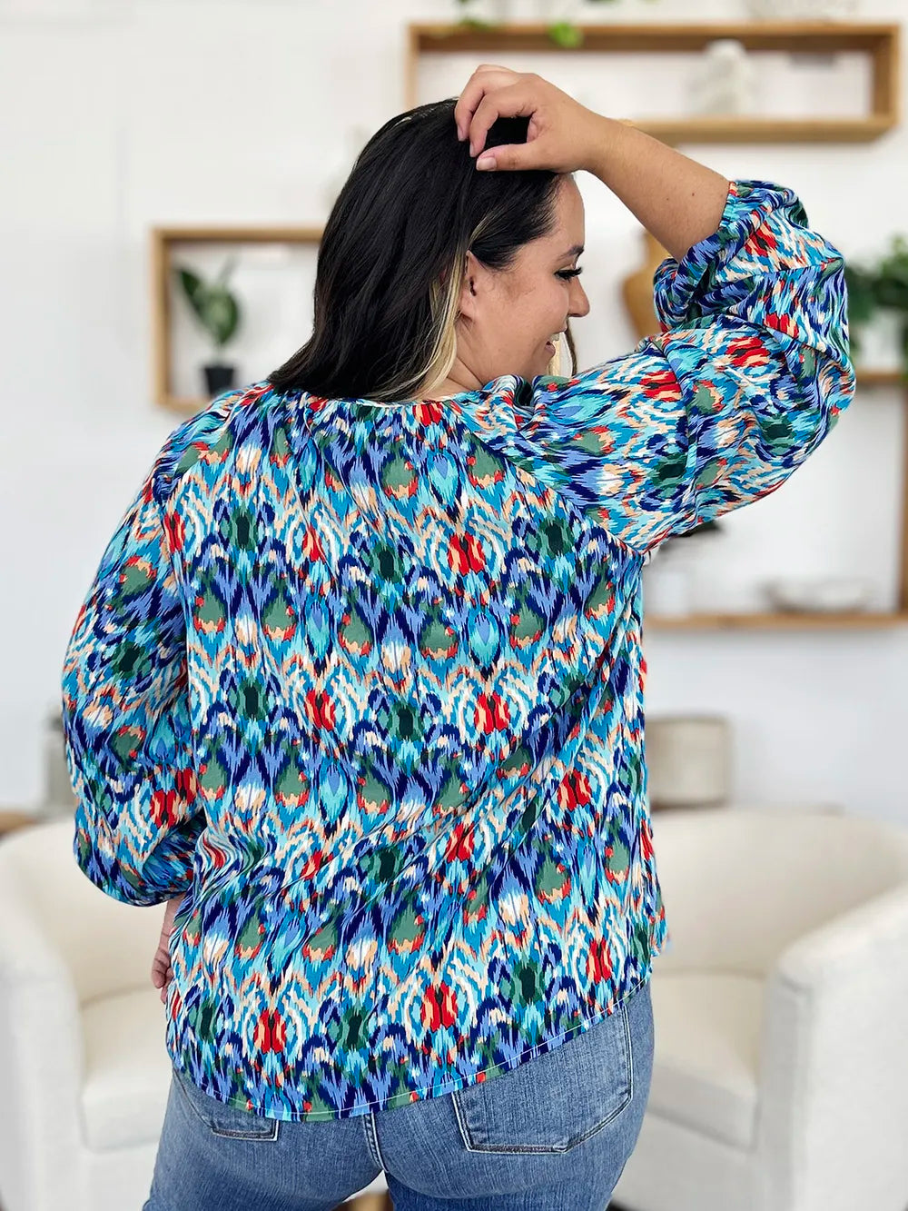 Double Take Full Size Printed Balloon Sleeve Blouse by Wild and Free Boutique