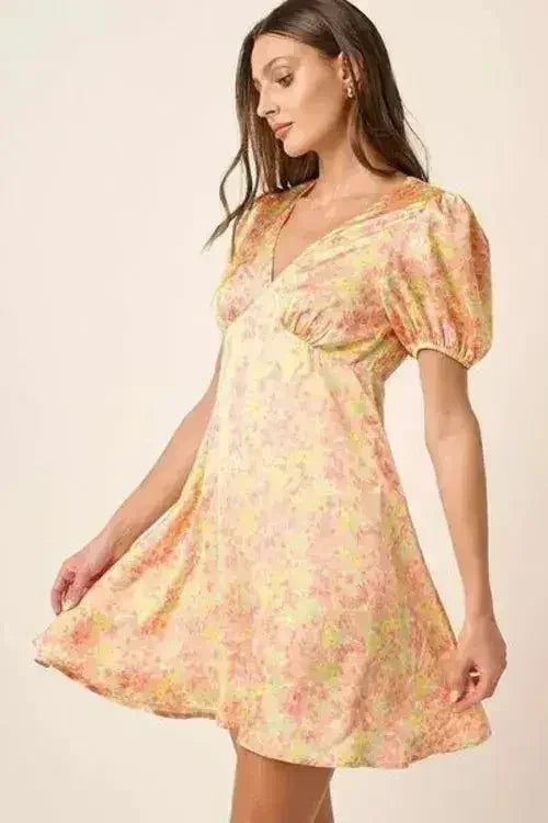 Mittoshop Printed V-Neck Puff Sleeve Mini Dress by Femstylo