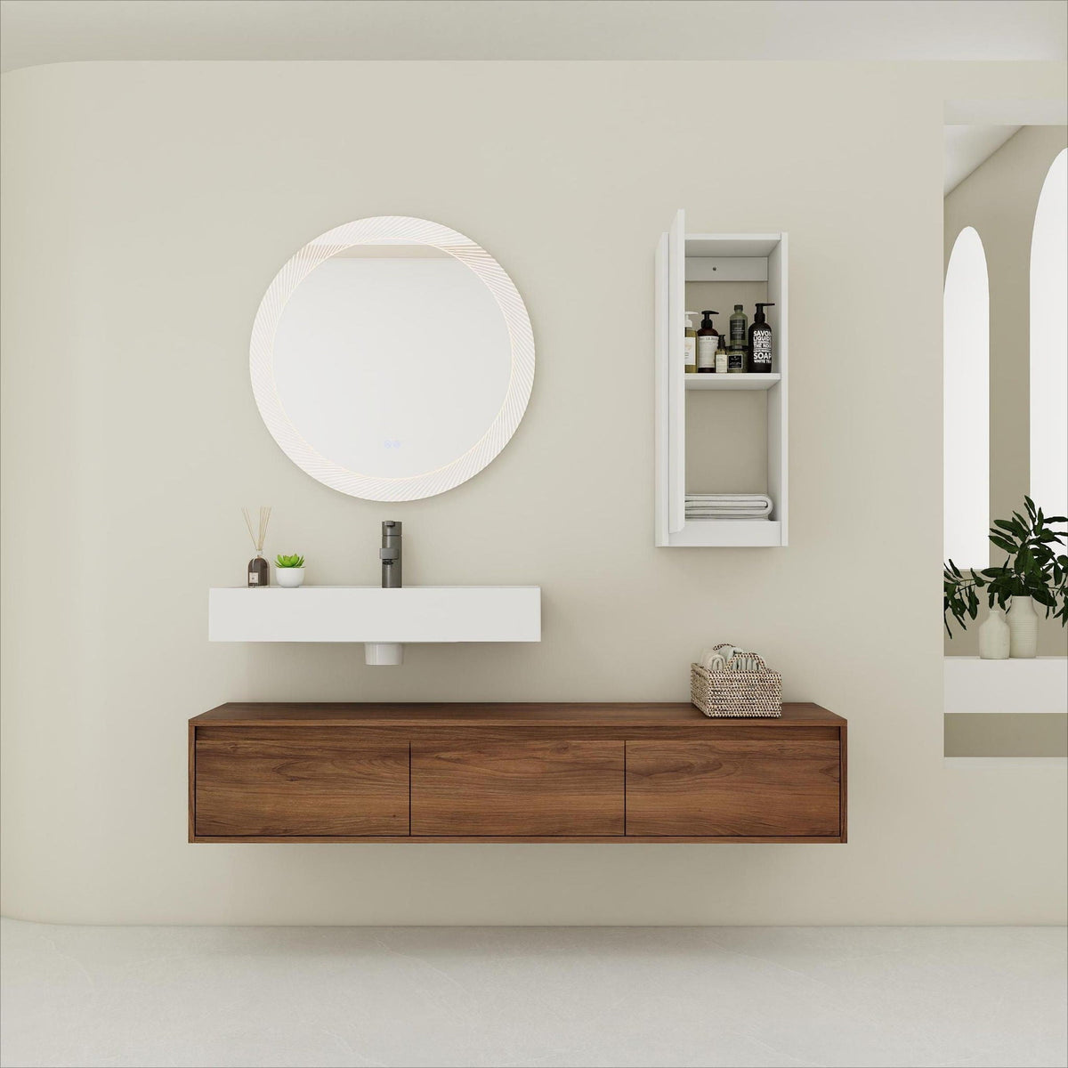Modern Wall Mounted Bathroom Vanity With Resin Sink And Side Cabinet - Brown Ebony by Unique Piece Furniture