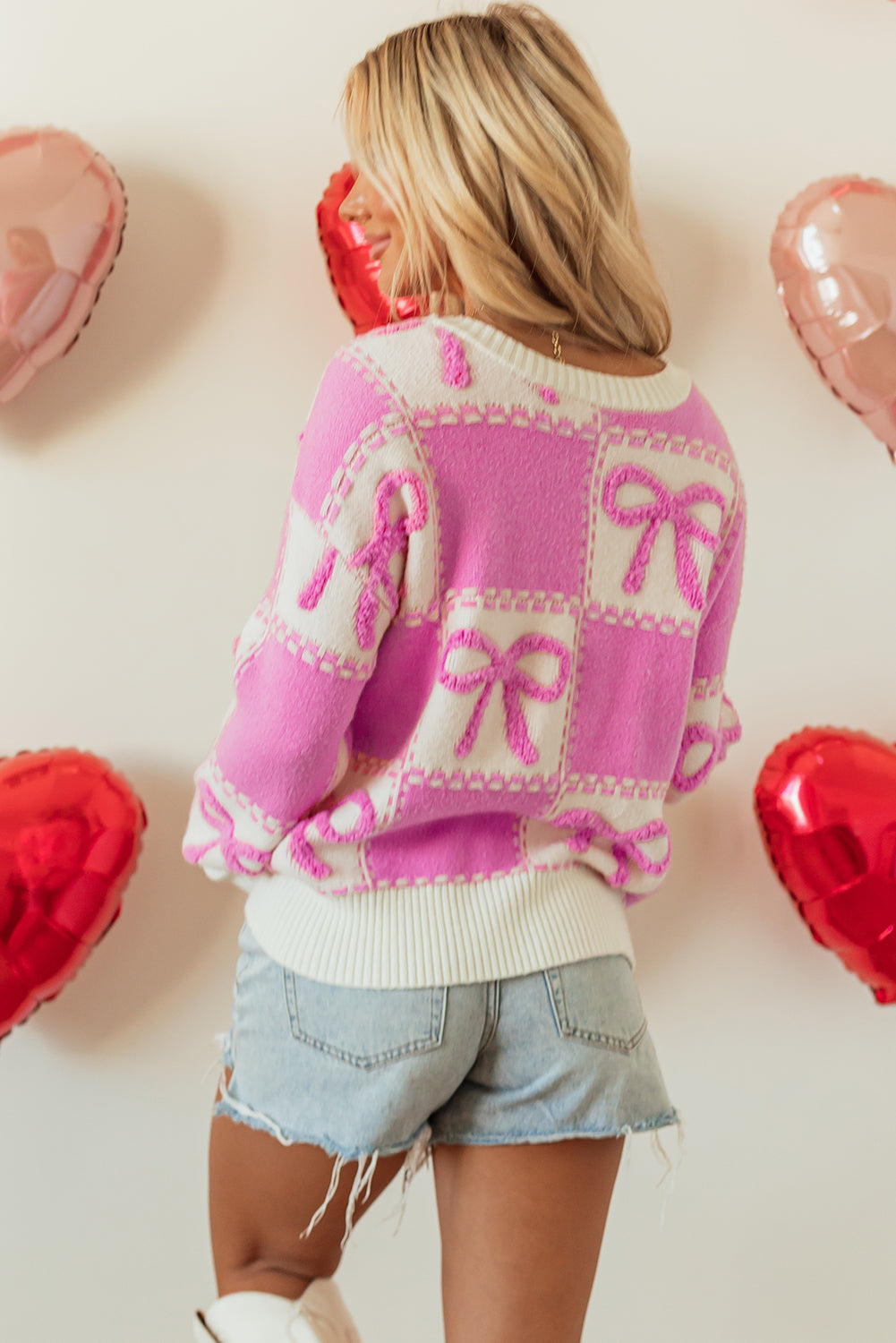 Pink Bow Knot Two Tone Checkered Crew Neck Sweater by Dear-Lover Dropshipping