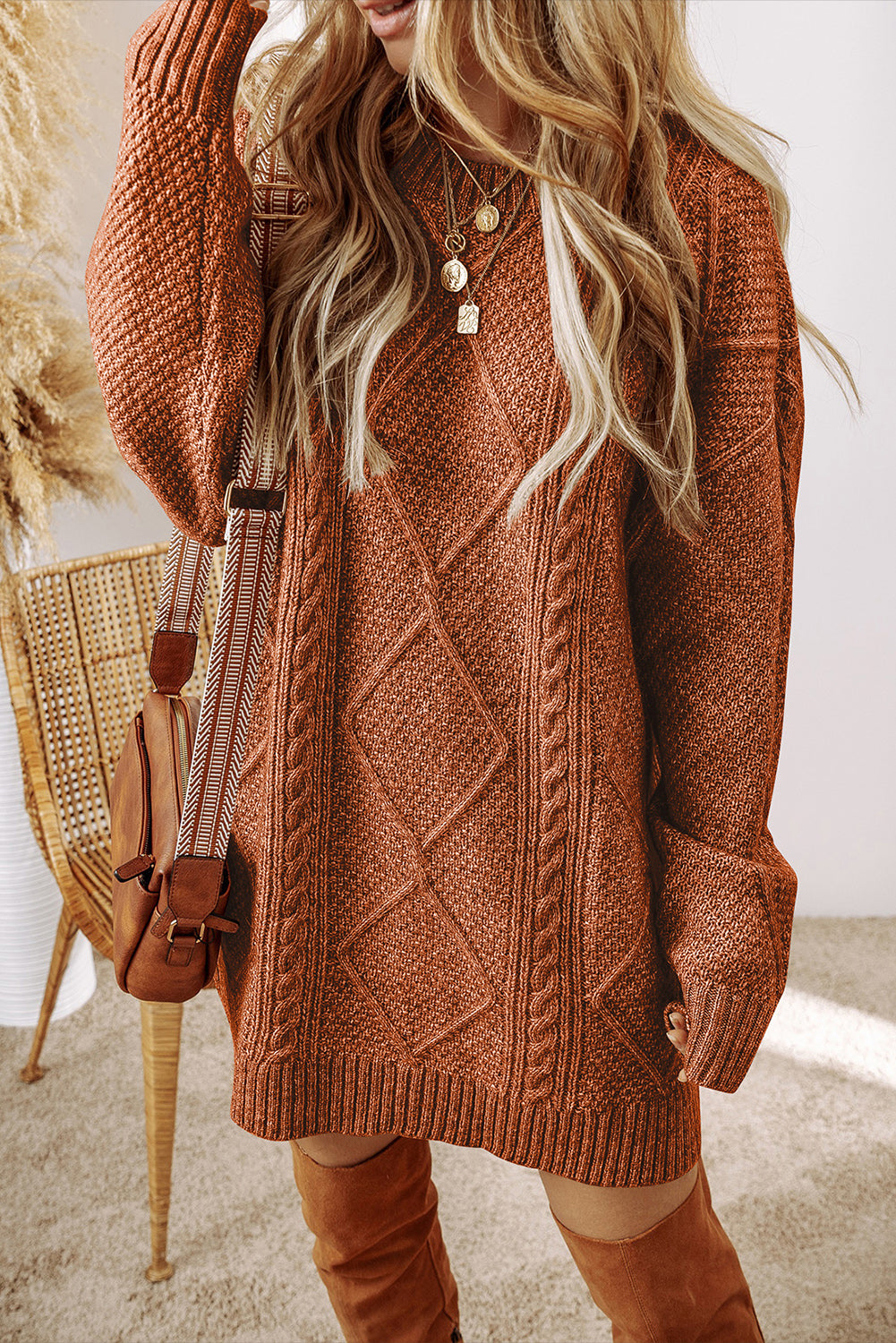 Coffee Cable Knit Drop Shoulder Loose Fit Sweater Dress by Dear-Lover Dropshipping