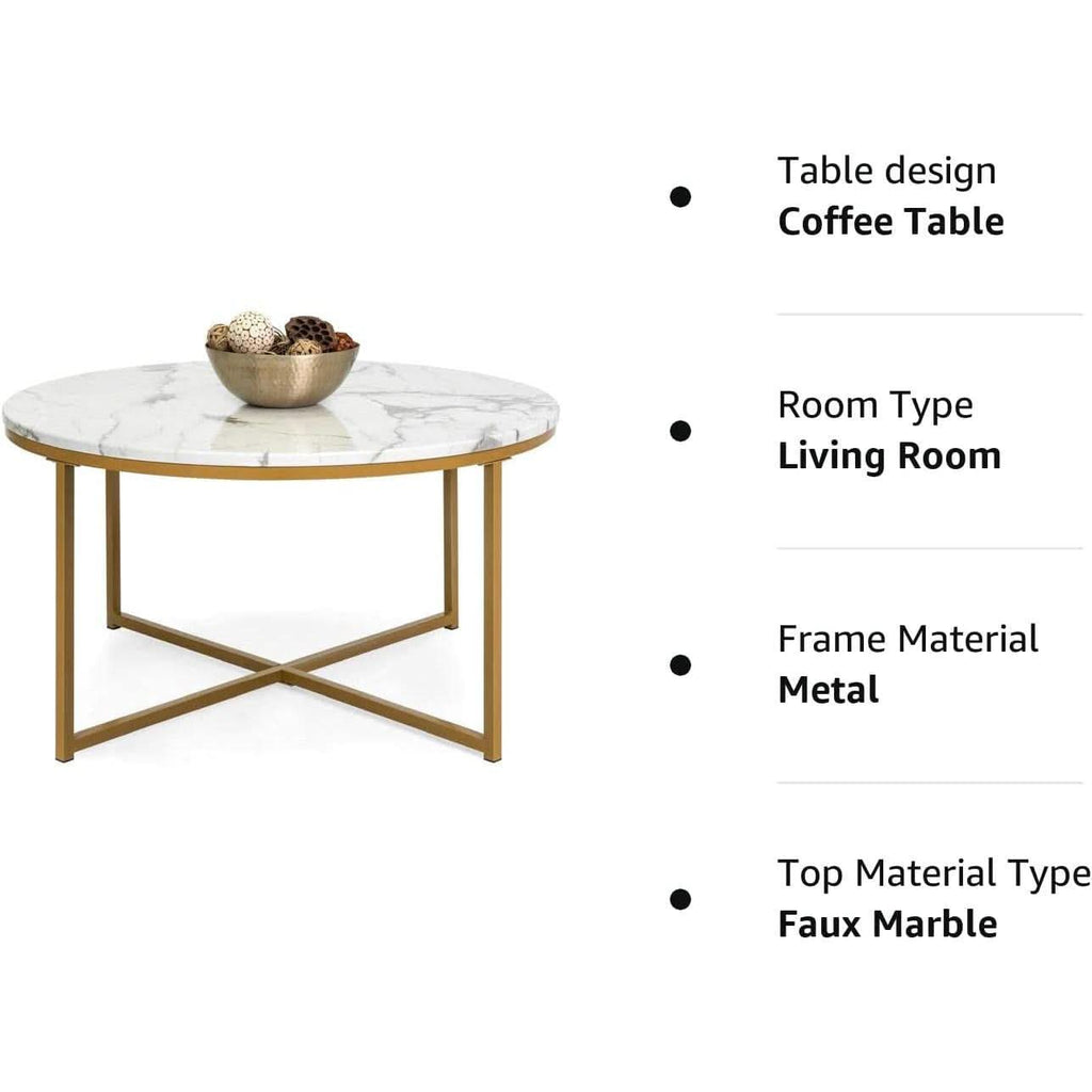Round Coffee Table With Faux Marble Top Cross Leg Design by ShipItFurniture