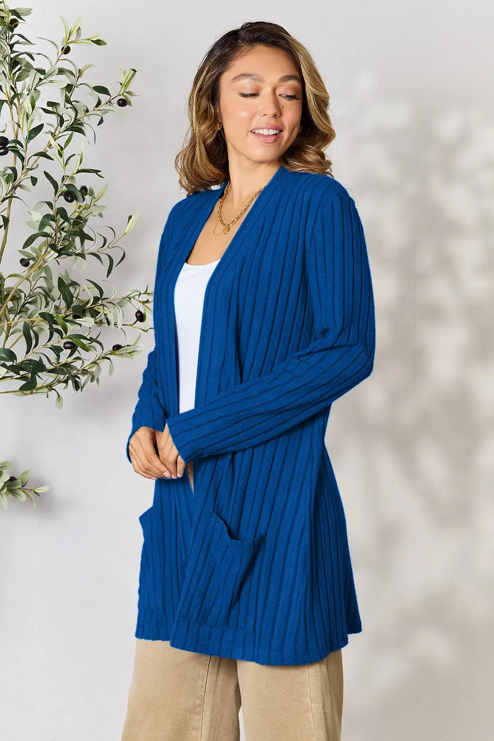 Basic Bae Full Size Ribbed Open Front Cardigan with Pockets by Wild and Free Boutique