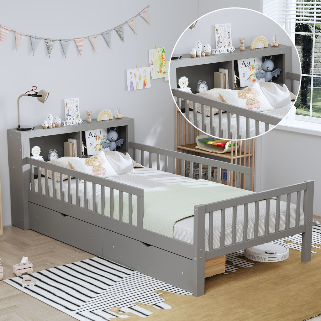Bed With Headboard Storage Rack, 2 Under Bed Drawers, 3 Side Guardrails For Safety by Unique Piece Furniture