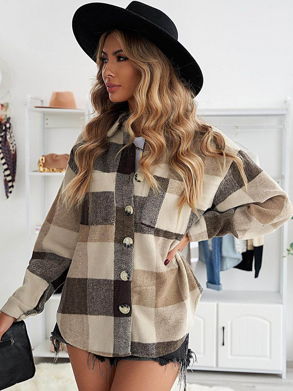 Plaid Button Up Dropped Shoulder Jacket for Women Stylish by Selvanelle