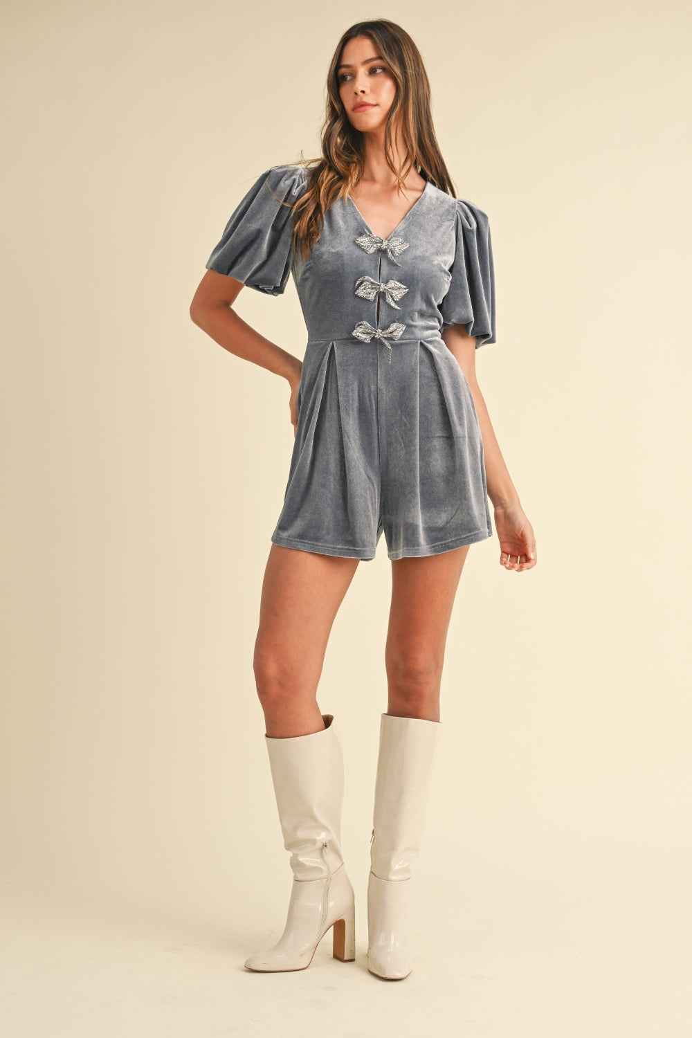 Mable Jewel Bow Decor Puff Sleeve Velvet Romper by Wild and Free Boutique