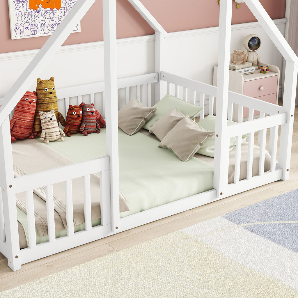Wood House-Shaped Floor Bed With Fence, Guardrails by Unique Piece Furniture