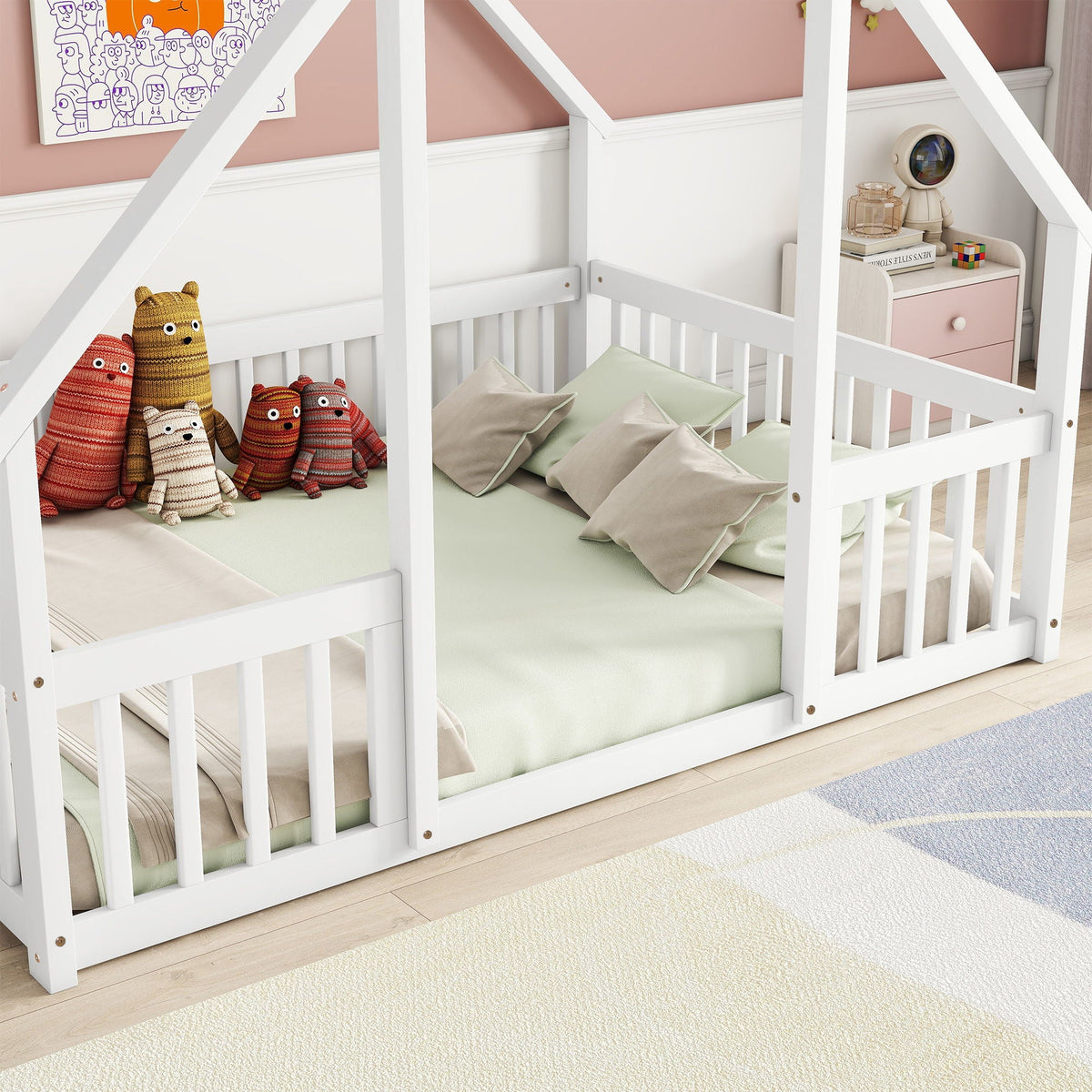 Wood House-Shaped Floor Bed With Fence, Guardrails by Unique Piece Furniture