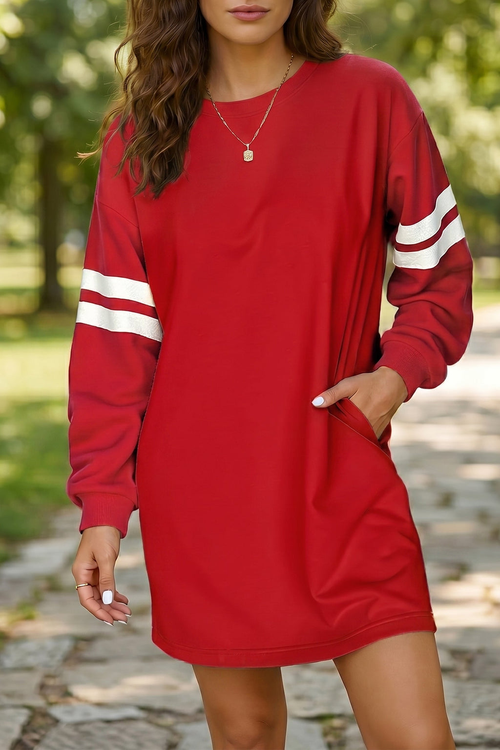 Fiery Red Varsity Contrast Banded Sleeve Shift Sweatshirt Dress by Wild and Free Boutique