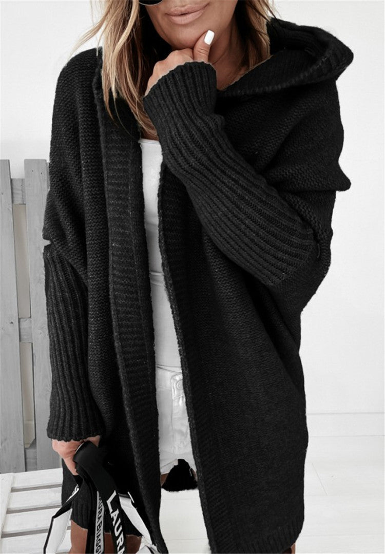 Fashion Bat Sleeve Hooded Cardigan Oversized Loose Temperament Solid Color Sweater Womens Clothing by Social Buzz eSIMs