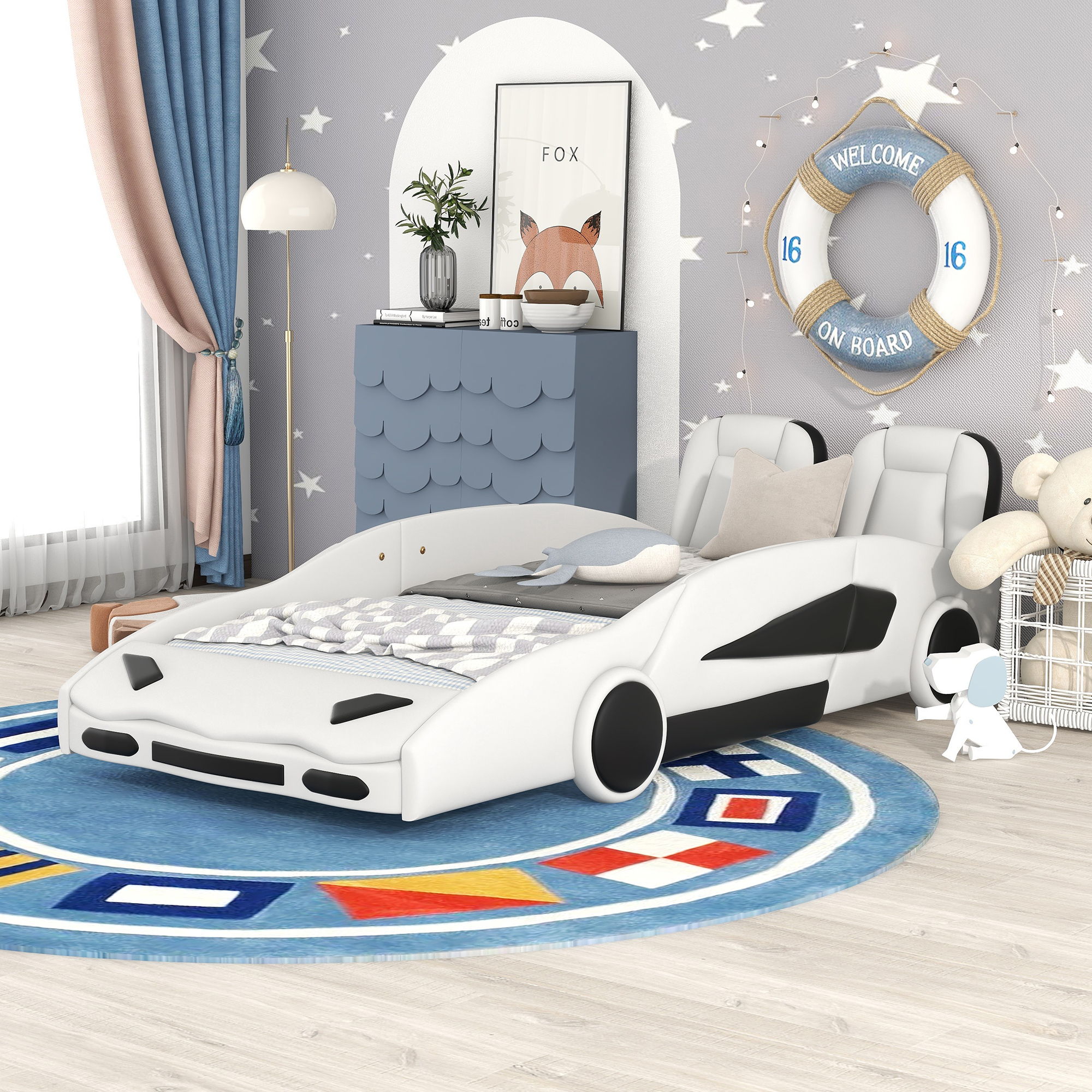 Race Car Shaped Twin Platform Bed With Wheels, Pine Wood Construction by Unique Piece Furniture