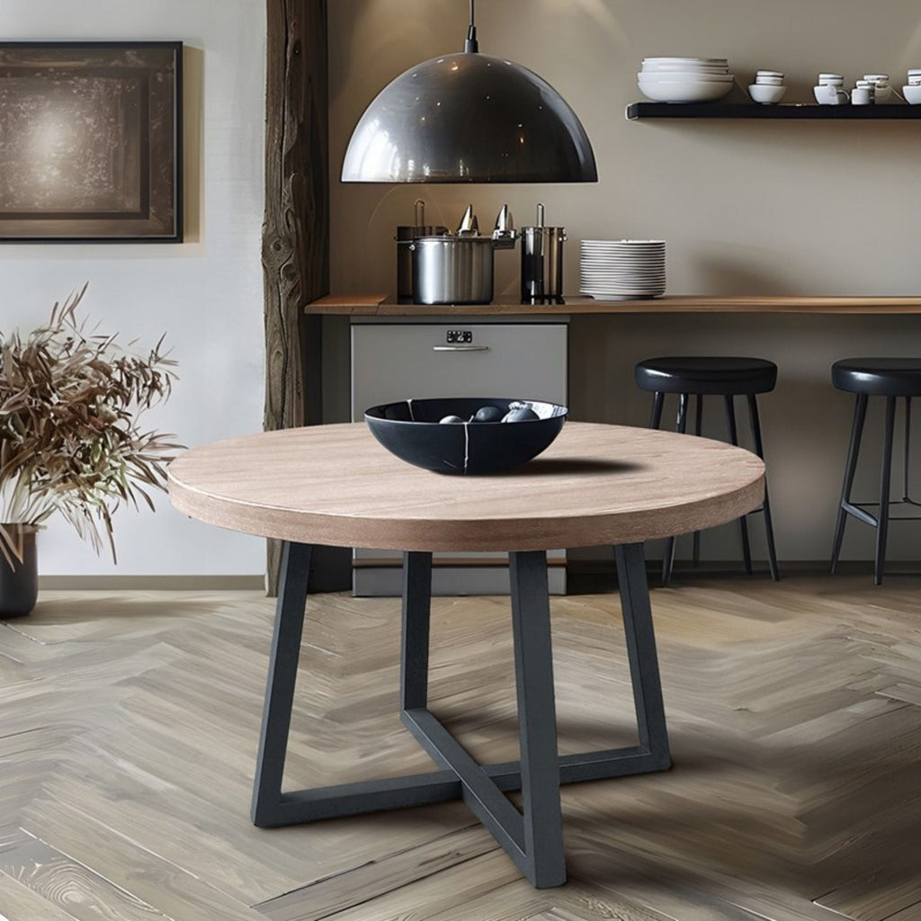 Round Dining Table With Wire Brushed Mindi Top And Mahogany Base - Wheat by Unique Piece Furniture