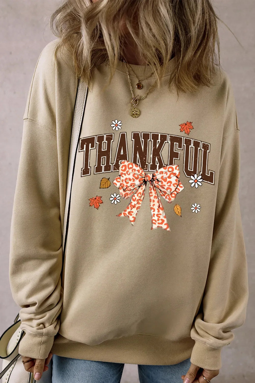 THANKFUL Bow Round Neck Long Sleeve Sweatshirt by Wild and Free Boutique