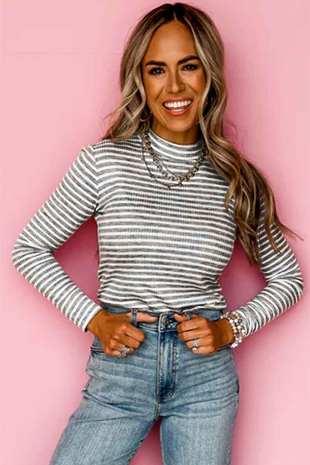 Gray Stripe Ribbed High Neck Slim Fit Long Sleeve Top by Wild and Free Boutique