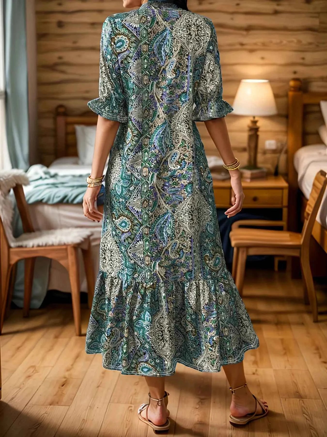 Bohemian Paisley Print Ruffle Hem Midi Dress
