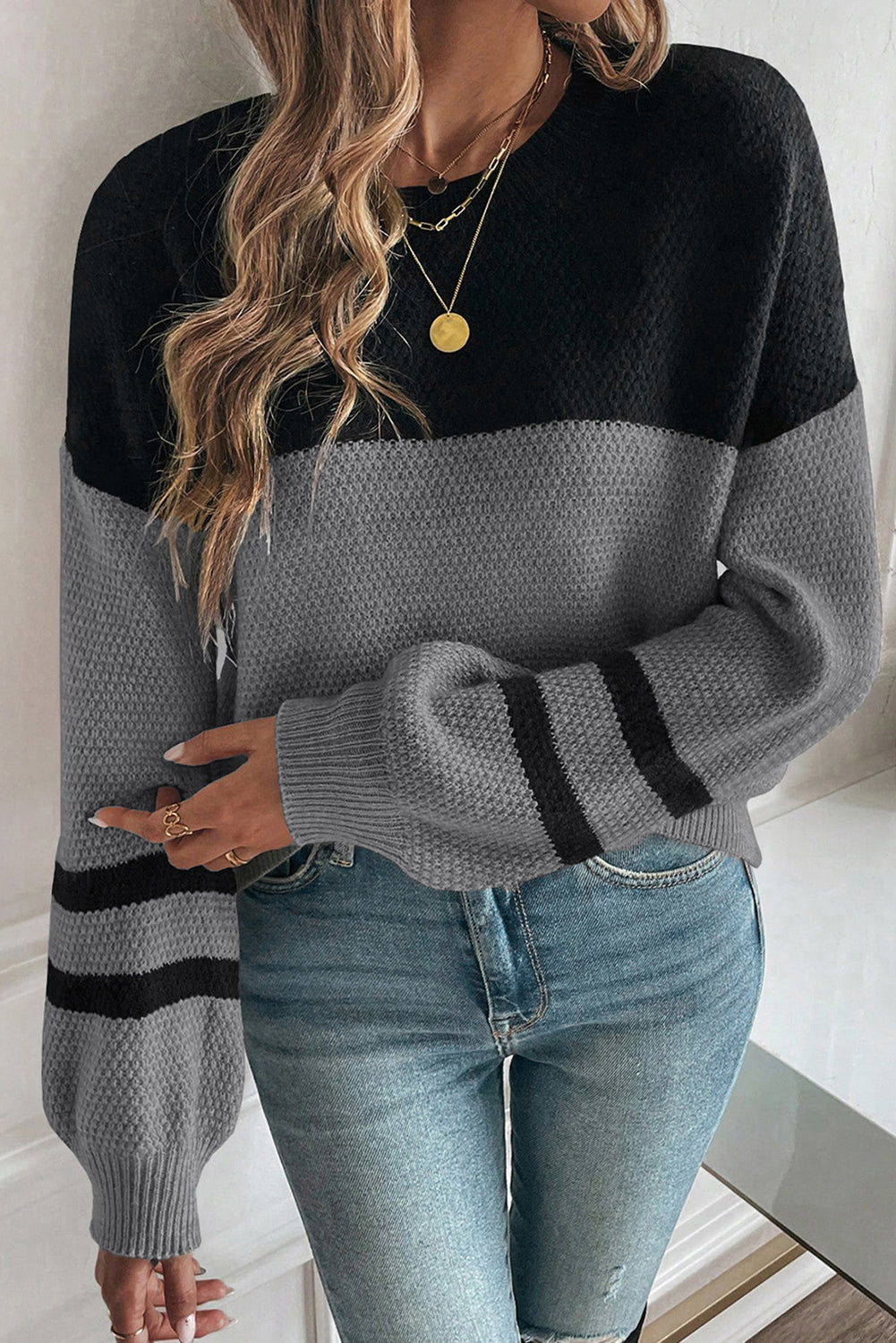 Dark Brown Color Block Knit Striped Sleeve Detail Casual Sweater by Wild and Free Boutique