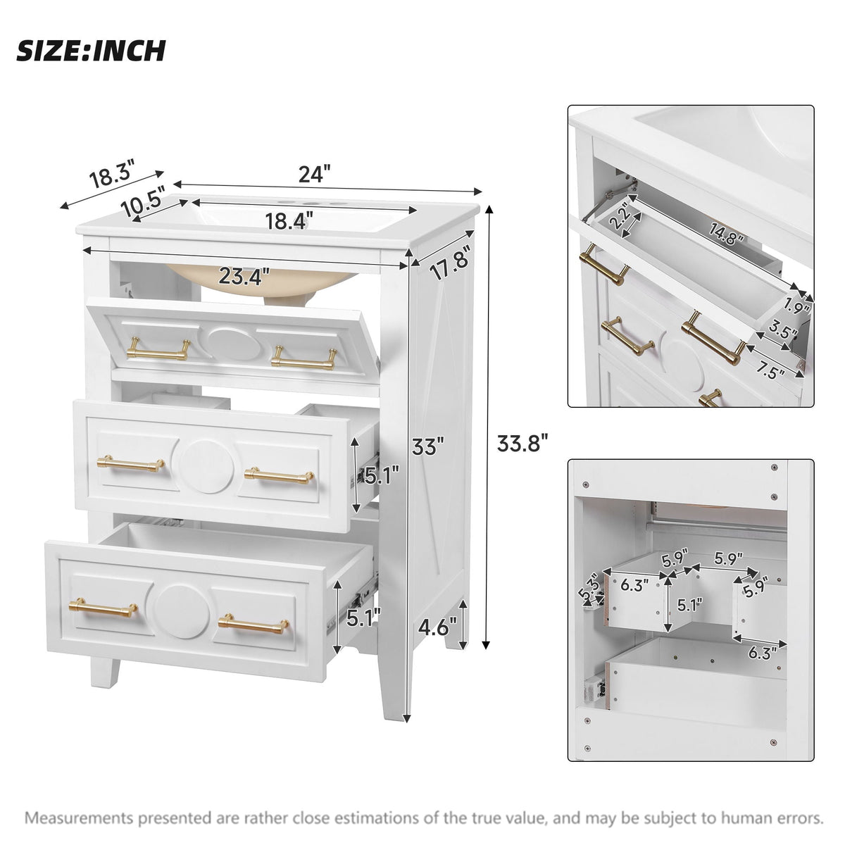 Bathroom Vanity With Sink, Free Standing Single Set, 3 Drawer Storage Cabinet by Unique Piece Furniture