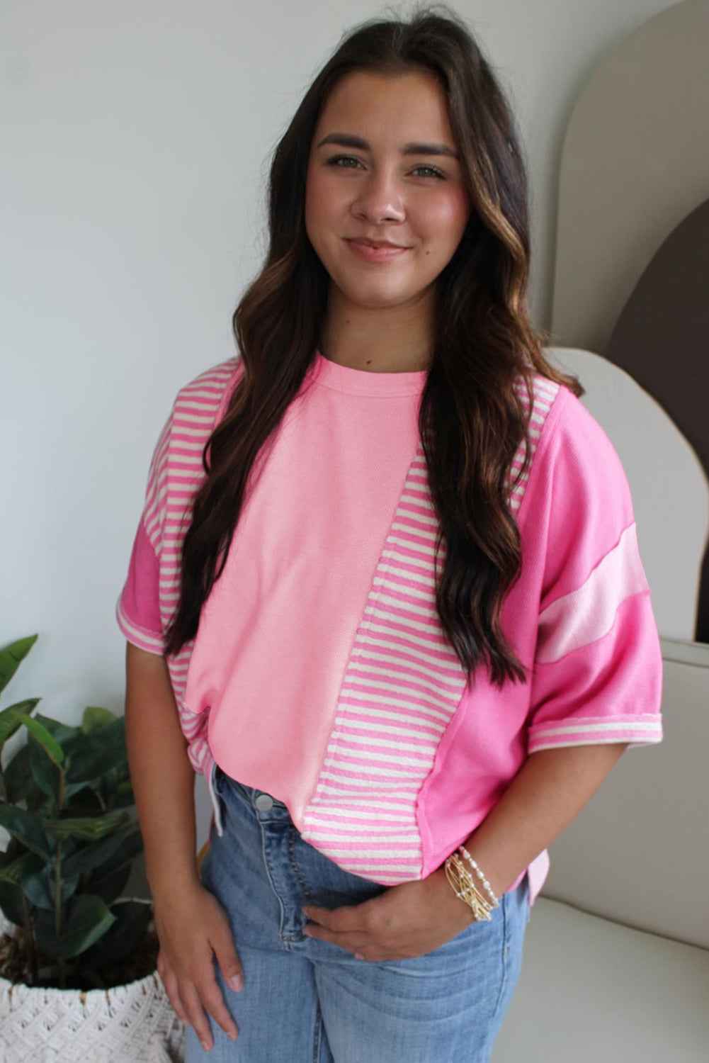 Pink Stripe Waffle Patchwork Loose T-Shirt by Wild and Free Boutique