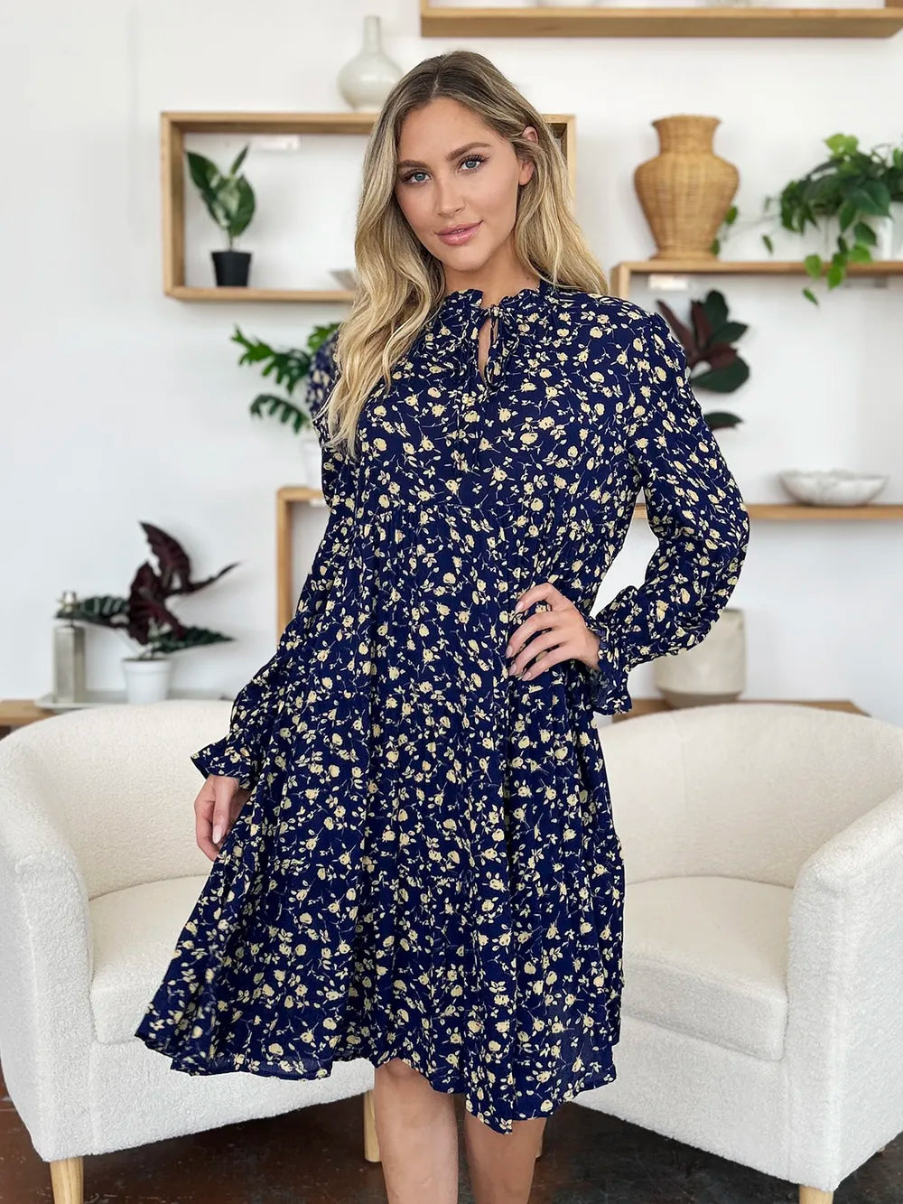 Double Take Full Size Printed Ruffle Hem Long Sleeve Tiered Dress by Wild and Free Boutique