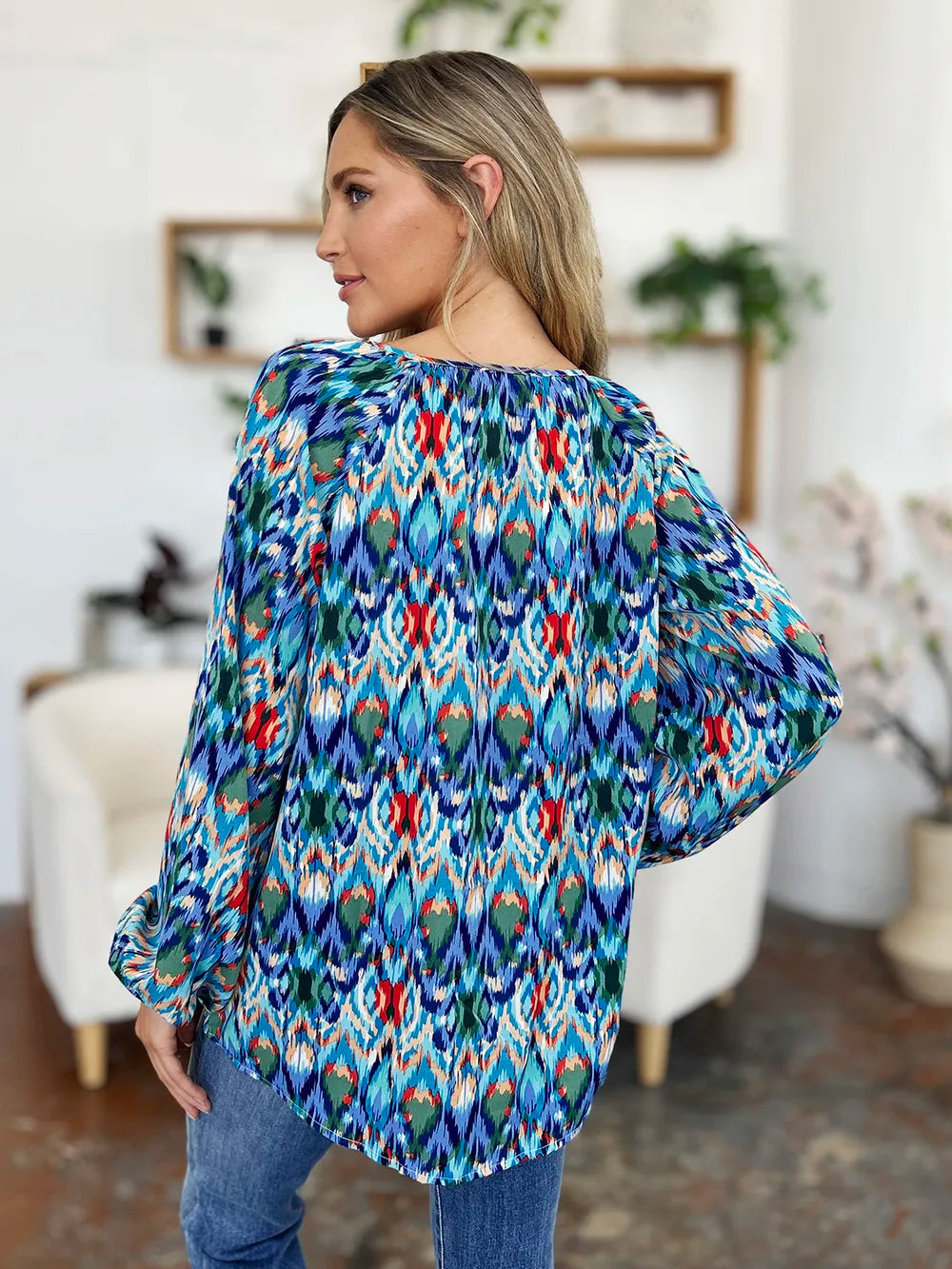 Double Take Full Size Printed Balloon Sleeve Blouse by Wild and Free Boutique