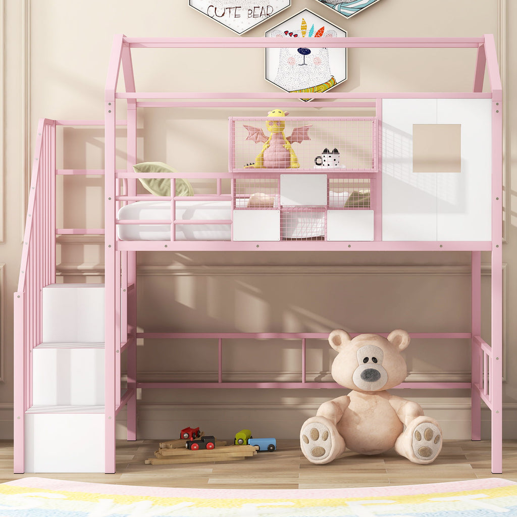 Metal Loft Bed With Roof Design And Storage Box With Guardrails And Integrated Ladder by Unique Piece Furniture