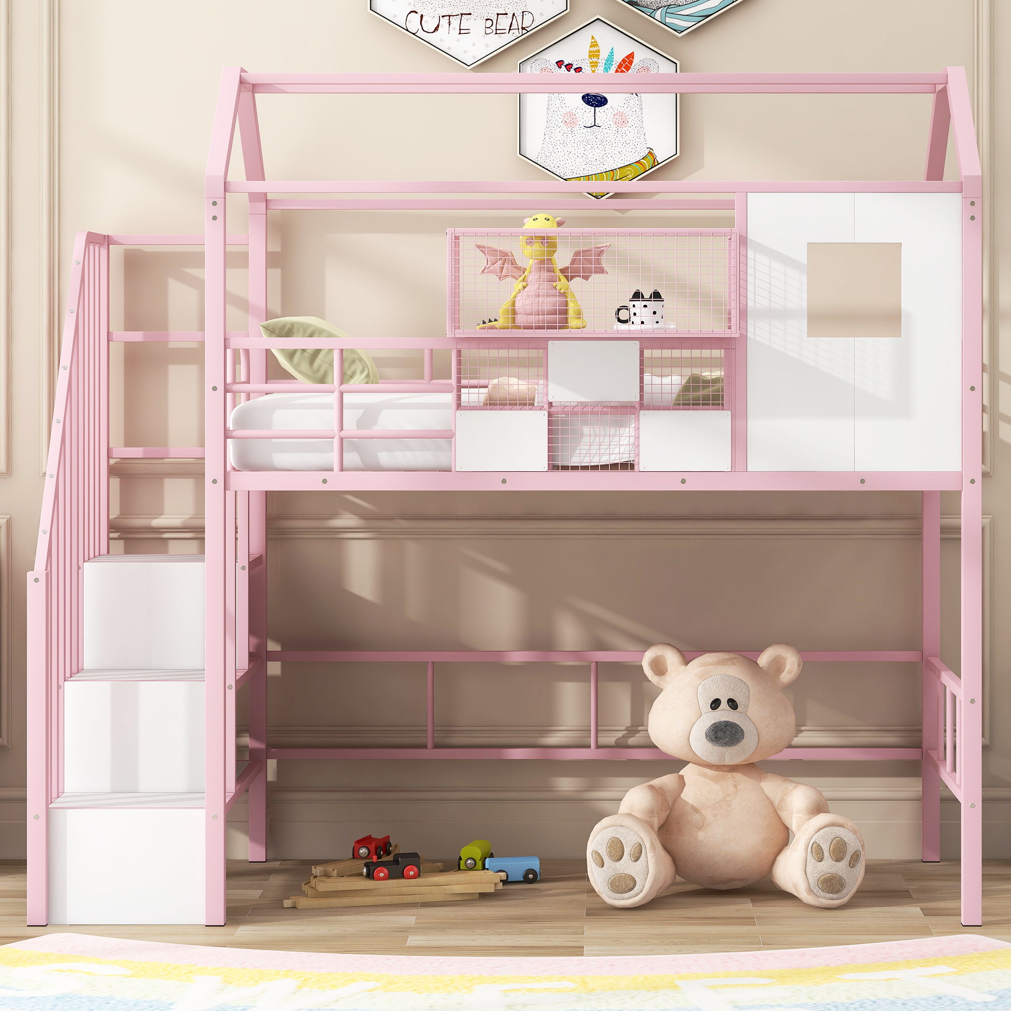 Metal Loft Bed With Roof Design And Storage Box With Guardrails And Integrated Ladder by Unique Piece Furniture