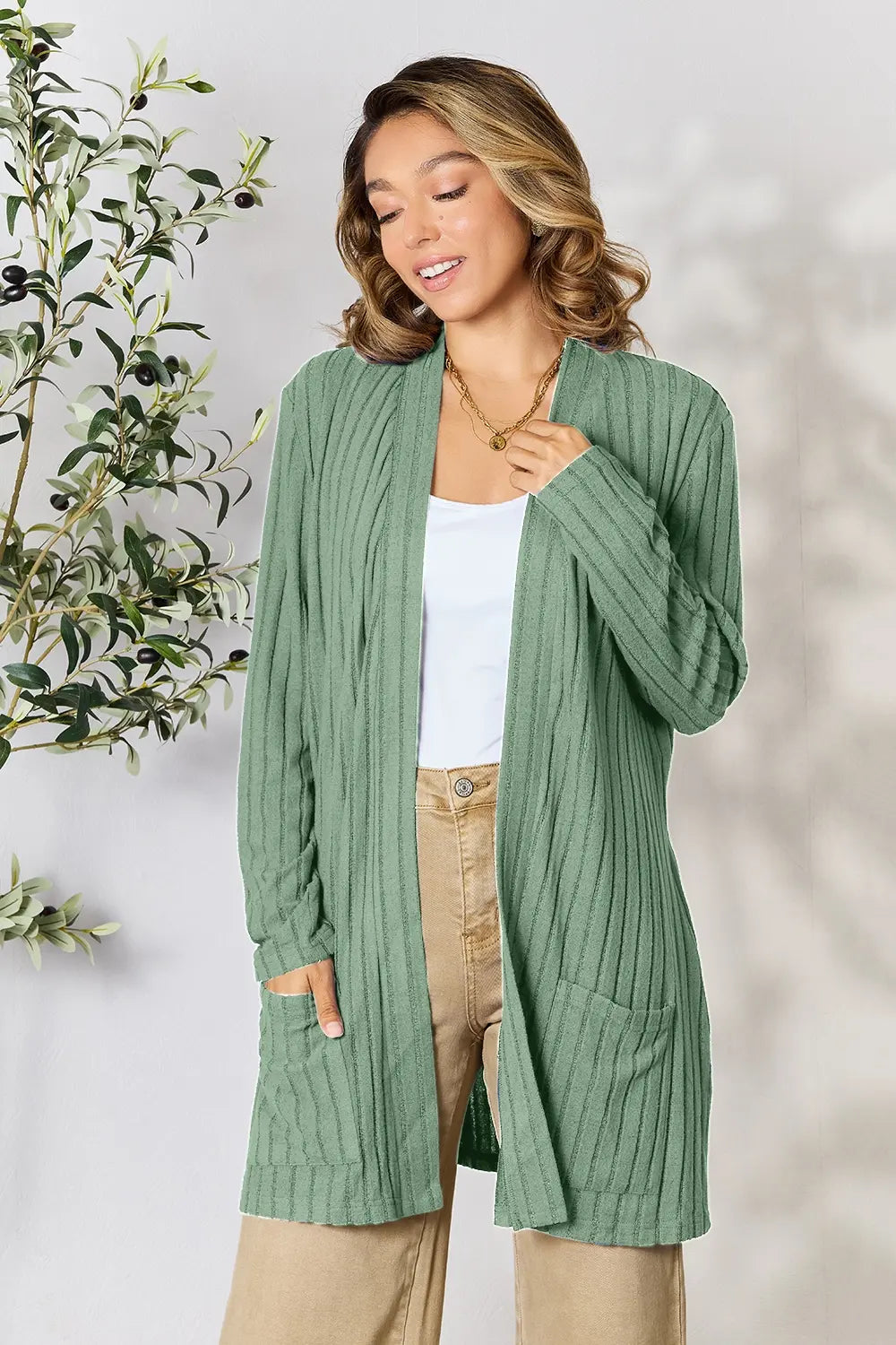 Basic Bae Full Size Ribbed Open Front Cardigan with Pockets by Wild and Free Boutique