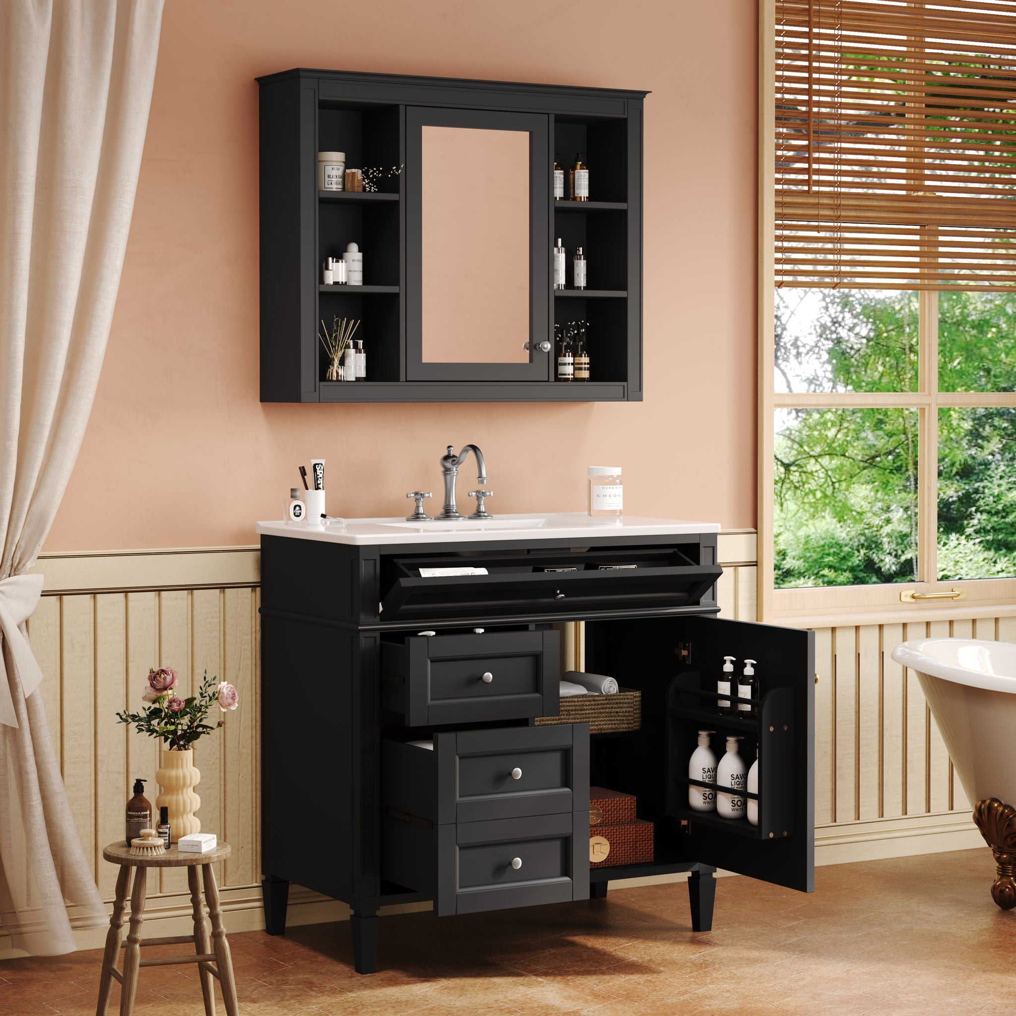 Bathroom Vanity With Mirror Cabinet, Single Sink With 2 Soft Closing Doors And 4 Drawers by Unique Piece Furniture