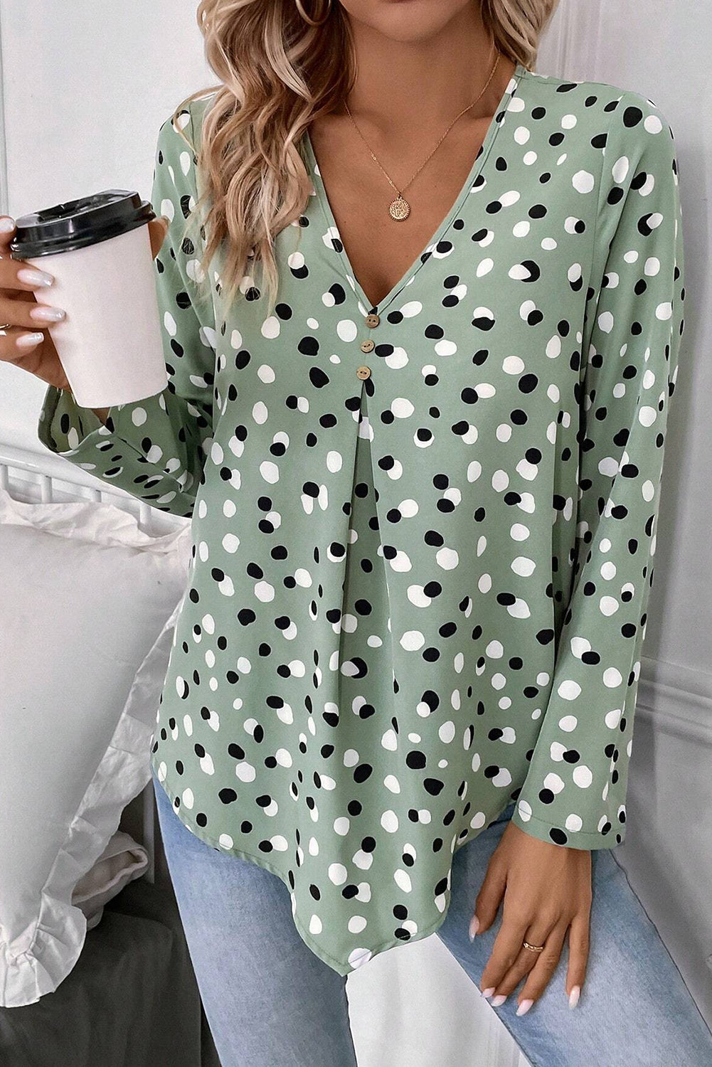 Green Polka Dot Print Button Front V Neck Blouse by Wild and Free Boutique