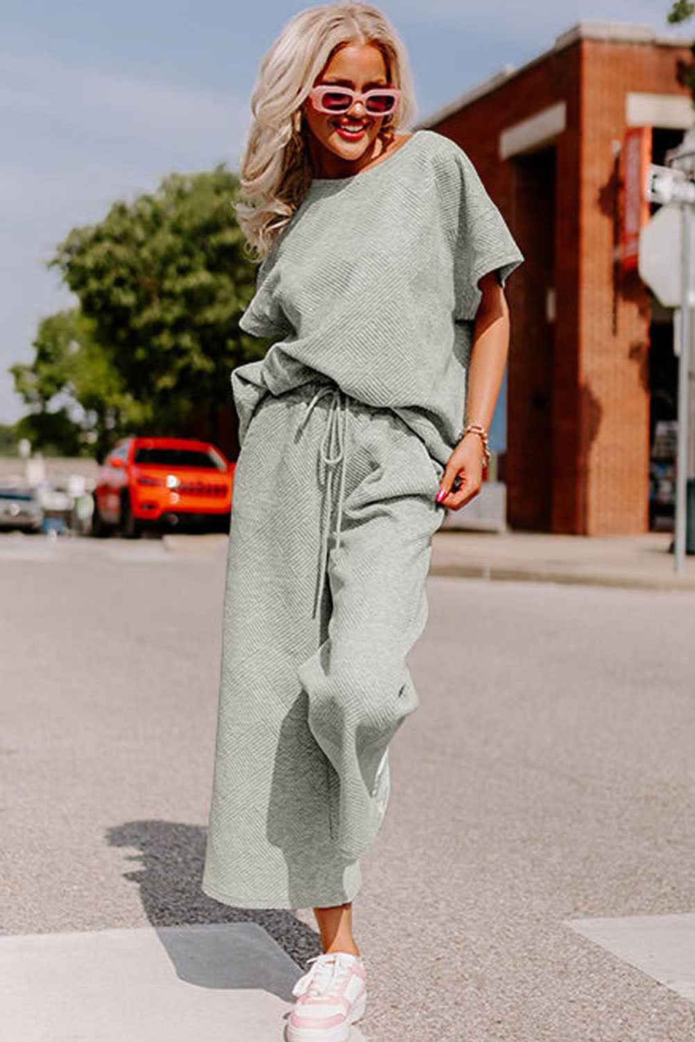 Gray Textured Loose Fit T Shirt and Drawstring Pants Set by Wild and Free Boutique