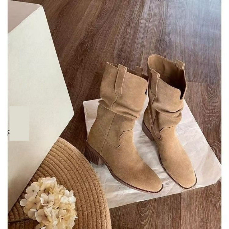 Autumn Western Pleated Short Cowhide Leather Boots for Women by FitiqueFit