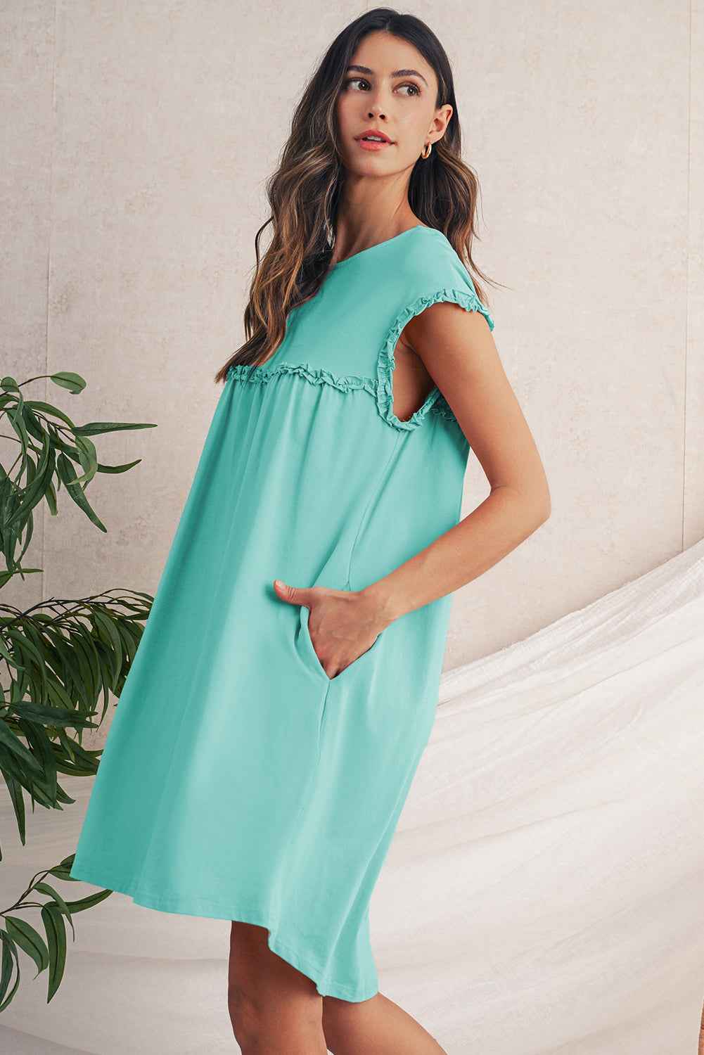 Mint Green Frilled Trim Crewneck Loose Fit Mini Dress by Wild and Free Boutique