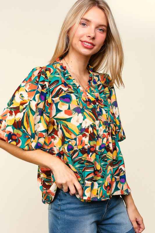 Haptics Full Size Frill Floral Puff Sleeve Peplum Blouse by Wild and Free Boutique