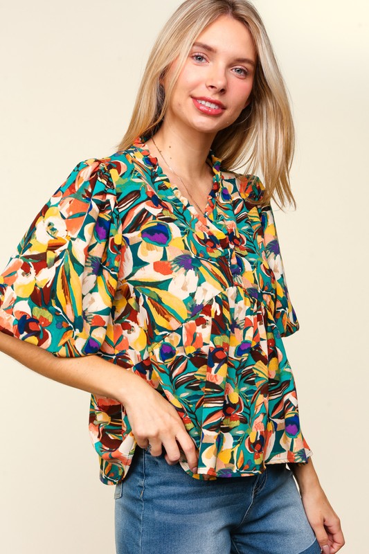 Haptics Full Size Frill Floral Puff Sleeve Peplum Blouse by Wild and Free Boutique