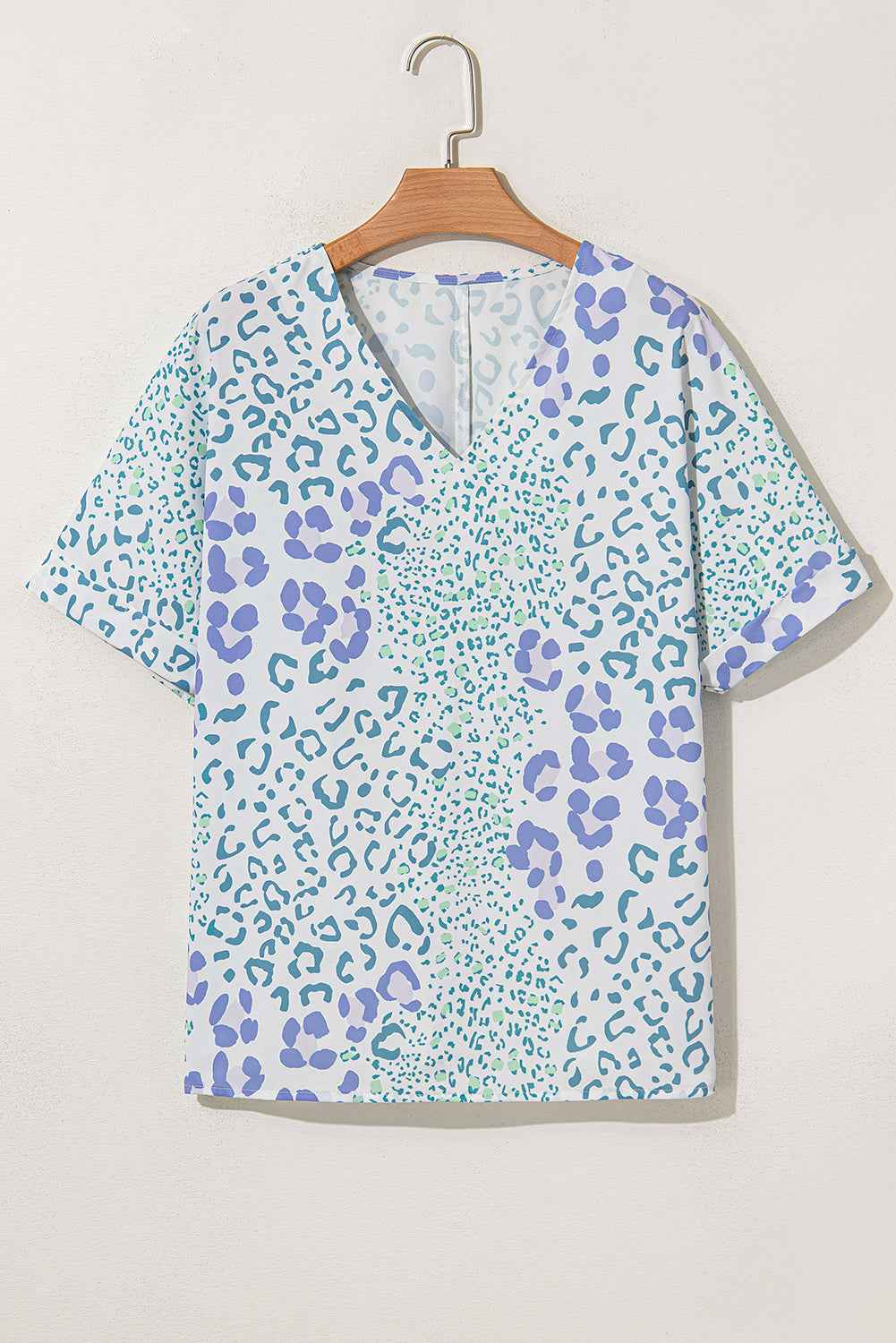 Sky Blue Mixed Leopard Print V Neck Short Sleeve Blouse by Wild and Free Boutique