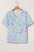 Sky Blue Mixed Leopard Print V Neck Short Sleeve Blouse by Wild and Free Boutique