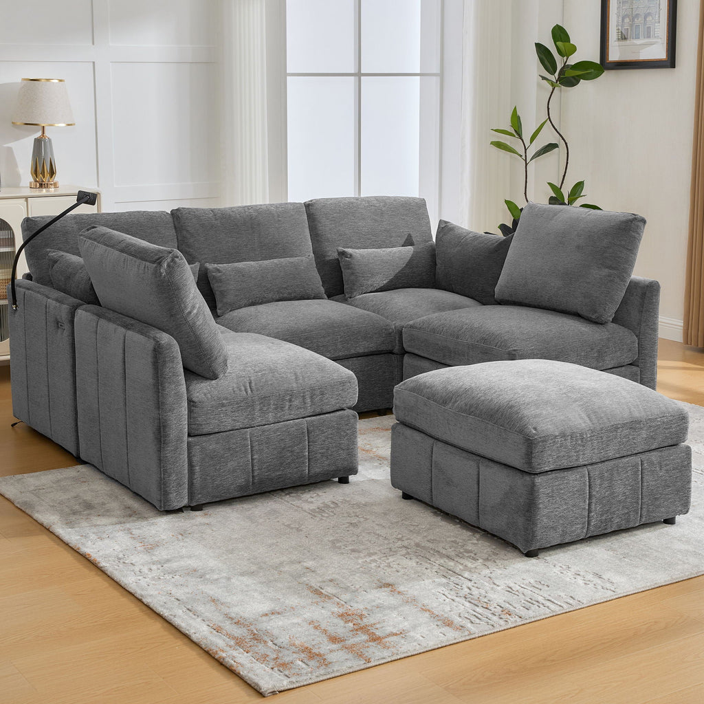 Modern Modular U-Shaped Sofa Bed With Movable Ottoman, USB Ports, Phone Holder by Unique Piece Furniture