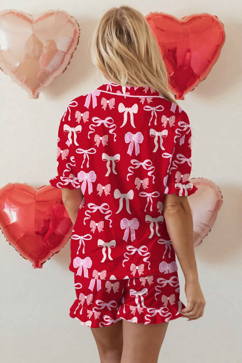 Red Sweet Bow Print Ruffled Short Sleeve Shirt Shorts 2pcs Pajama Set by Wild and Free Boutique