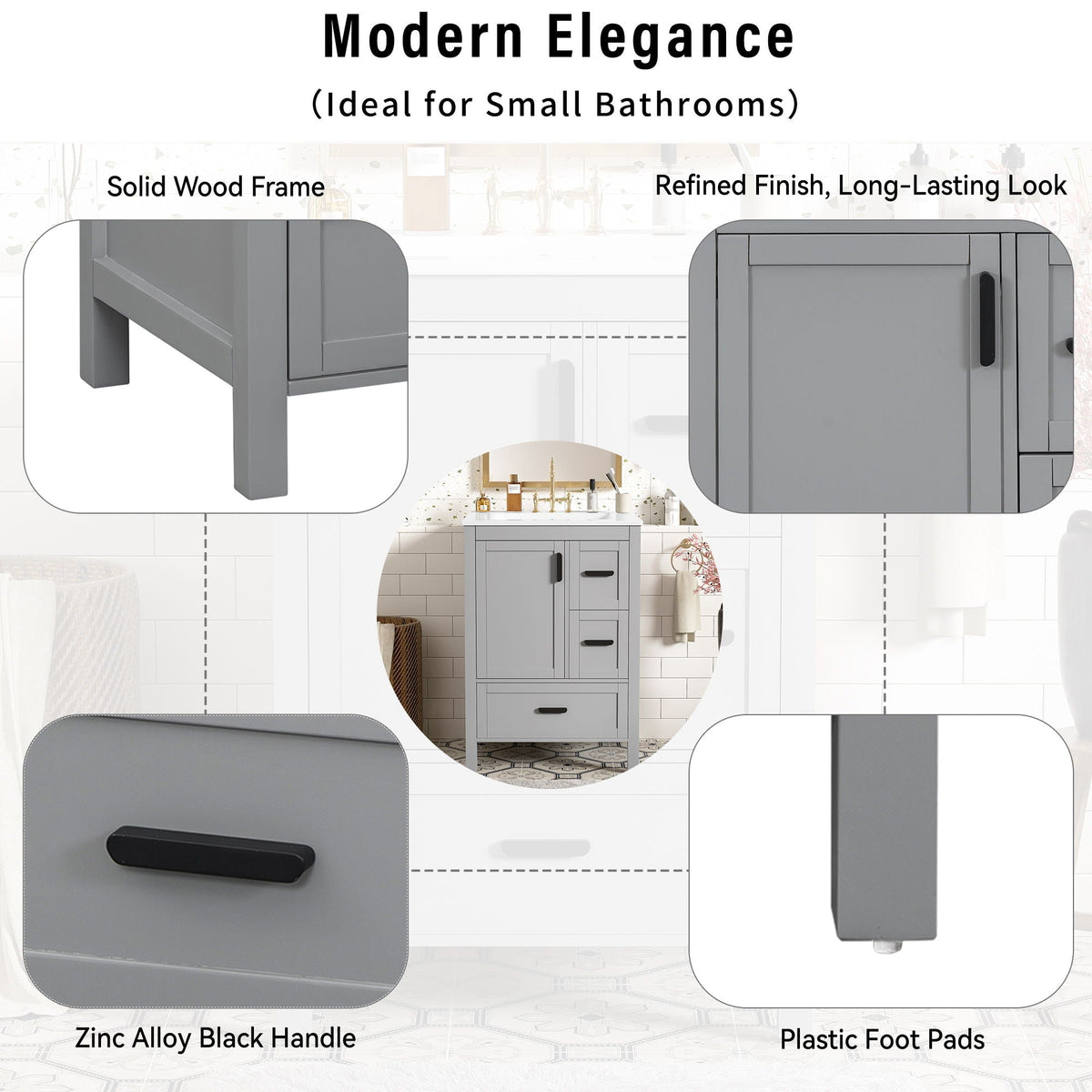 Bathroom Vanity With Sink, Soft Close Door, Double Layer Door Shelf And 3 Drawers - Gray by Unique Piece Furniture