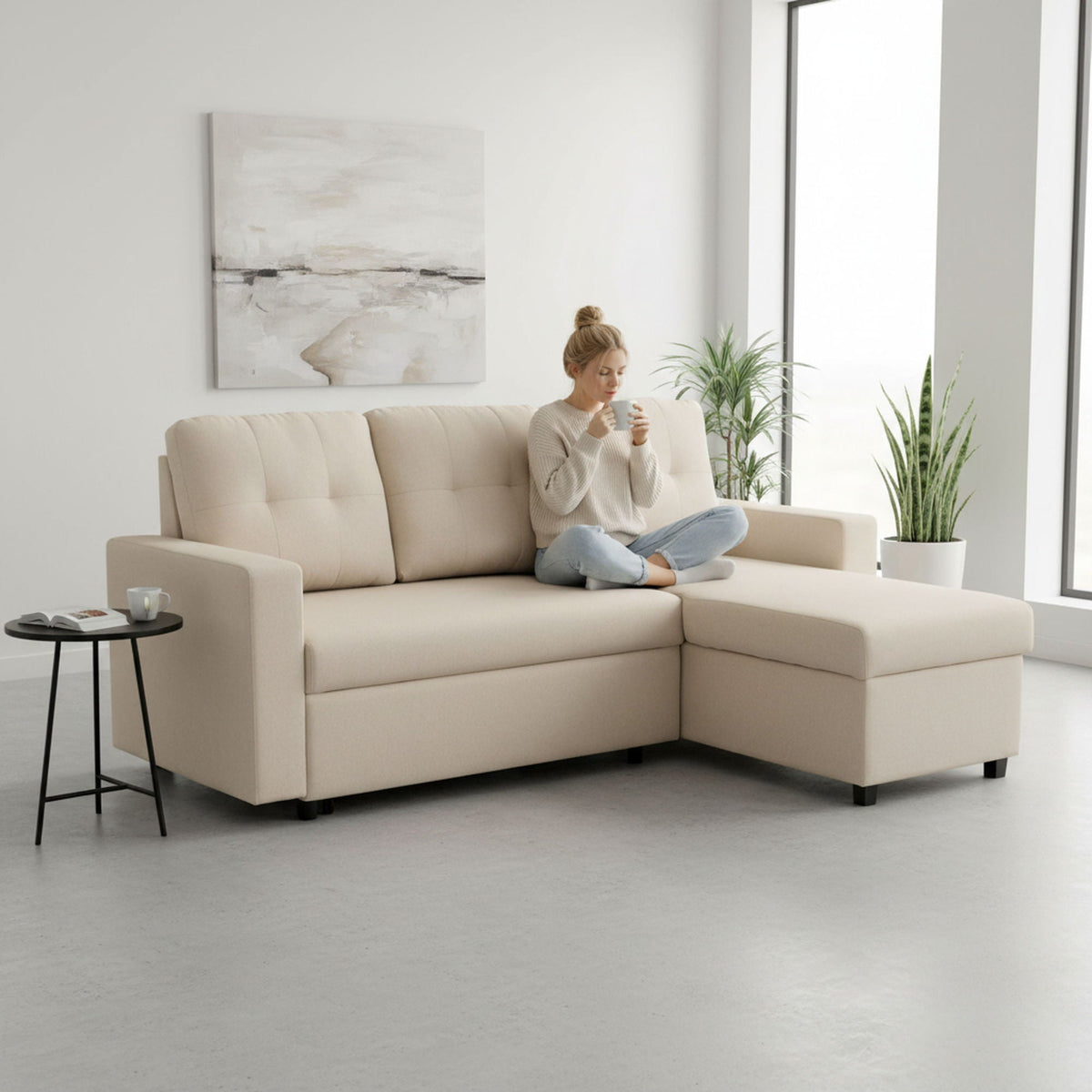 Convertible L Shaped Sectional Sleeper Sofa Bed, Saving Pull Out Couch by Unique Piece Furniture